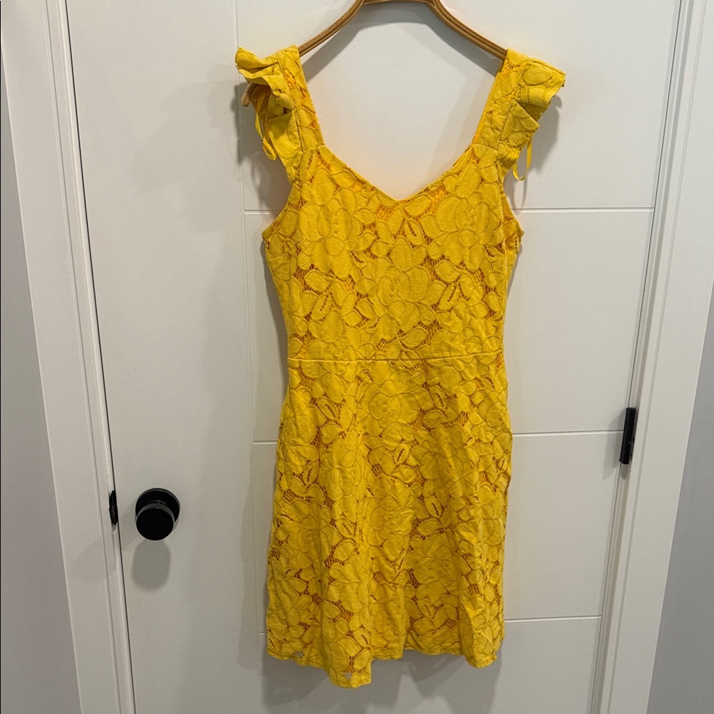 Yellow Lace Ruffle Strap Dress